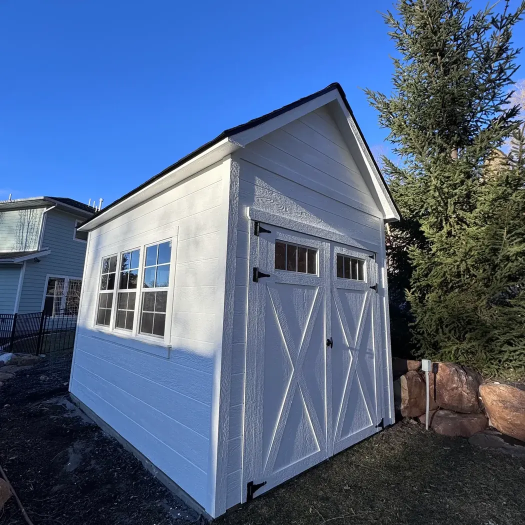 White A-Frame gable shed built on-site in Utah by ShedPro LLC