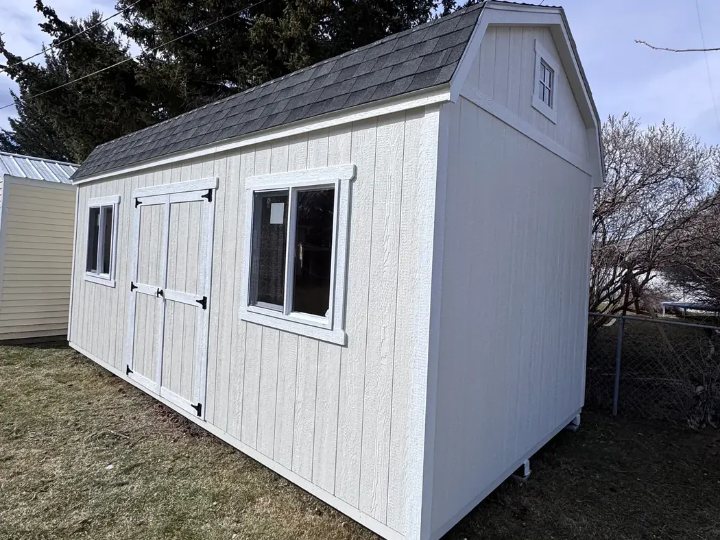 White barn style shed Soda Springs Idaho
