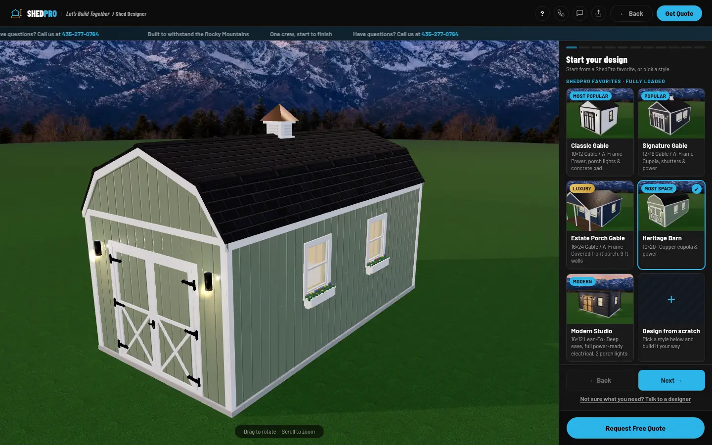 ShedPro Studio 3D designer showing the Heritage Barn starter build: a sage green 10x20 barn shed with white trim, X-brace doors and a copper cupola