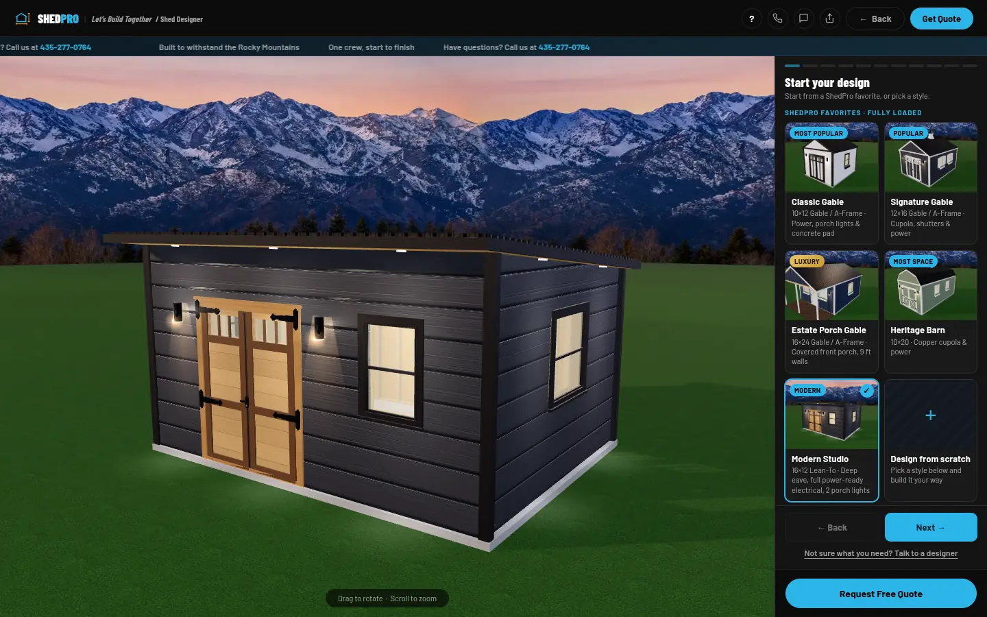 ShedPro Studio 3D designer showing the Modern Studio starter build: a charcoal 16x12 lean-to with a deep cedar front eave, cedar double doors, a porch light on each side of the doors and one large vertical window
