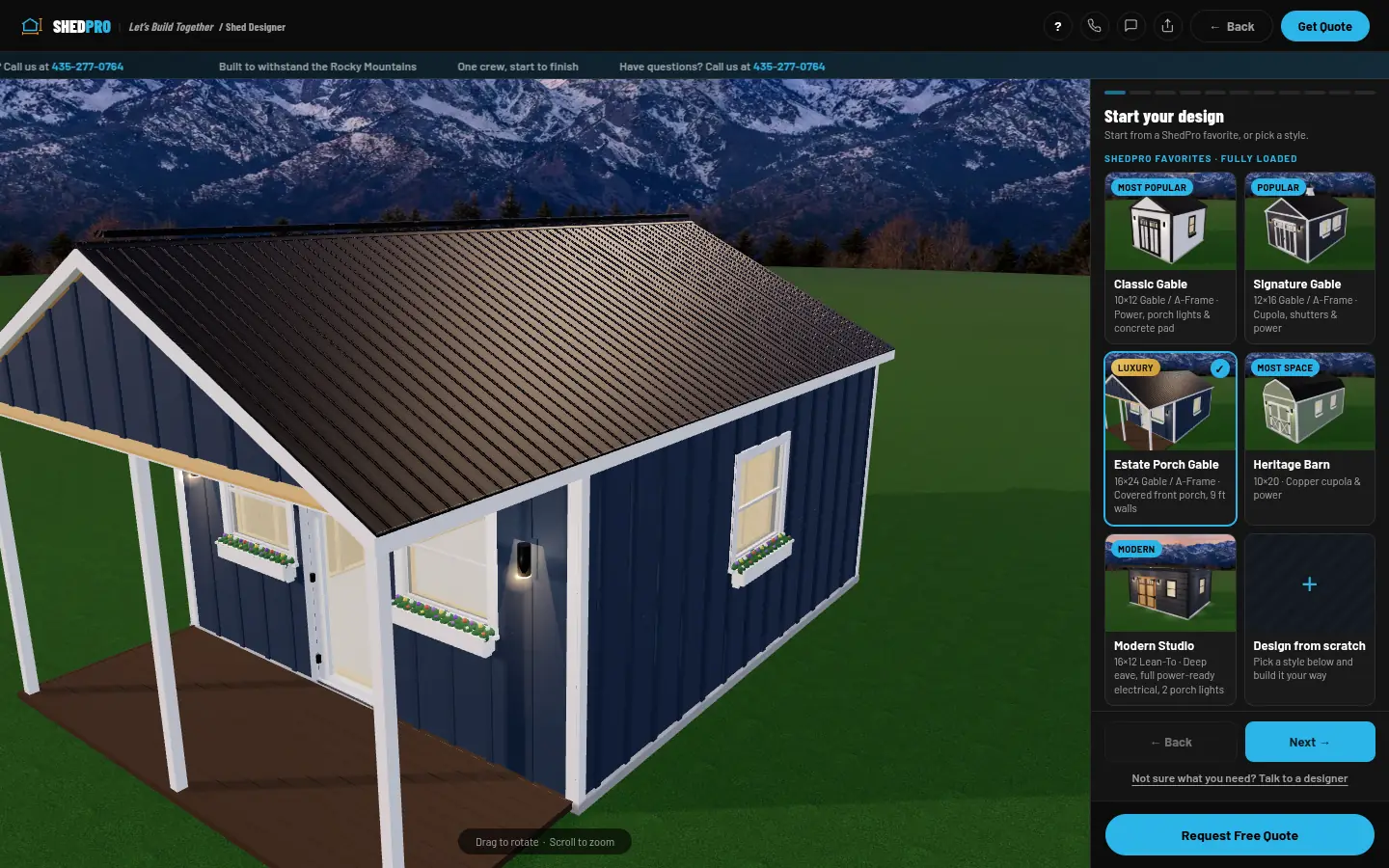 ShedPro Studio 3D designer showing the Estate Porch Gable starter build: a navy 16x24 Gable / A-Frame shed with a covered front porch and white trim